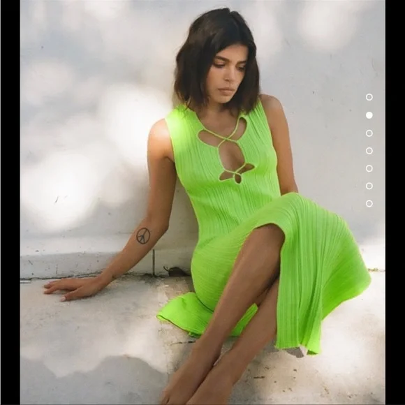 Zara | Dresses | Zara Lime Neon Green Cutout Lace Up Textured Midi Dress  Stretchy Slim Pencil | Poshmark